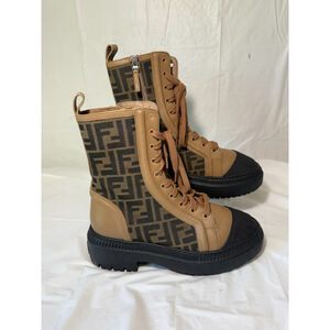 FENDI Domino Signature FF Logo Cap Toe Lace Up Biker Combat Ankle Boots